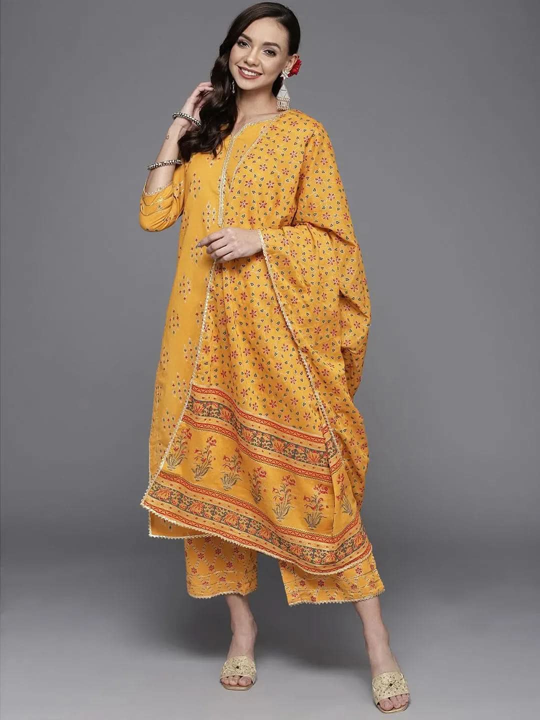 Yellow Printed Cotton Straight Suit Set - Libas 