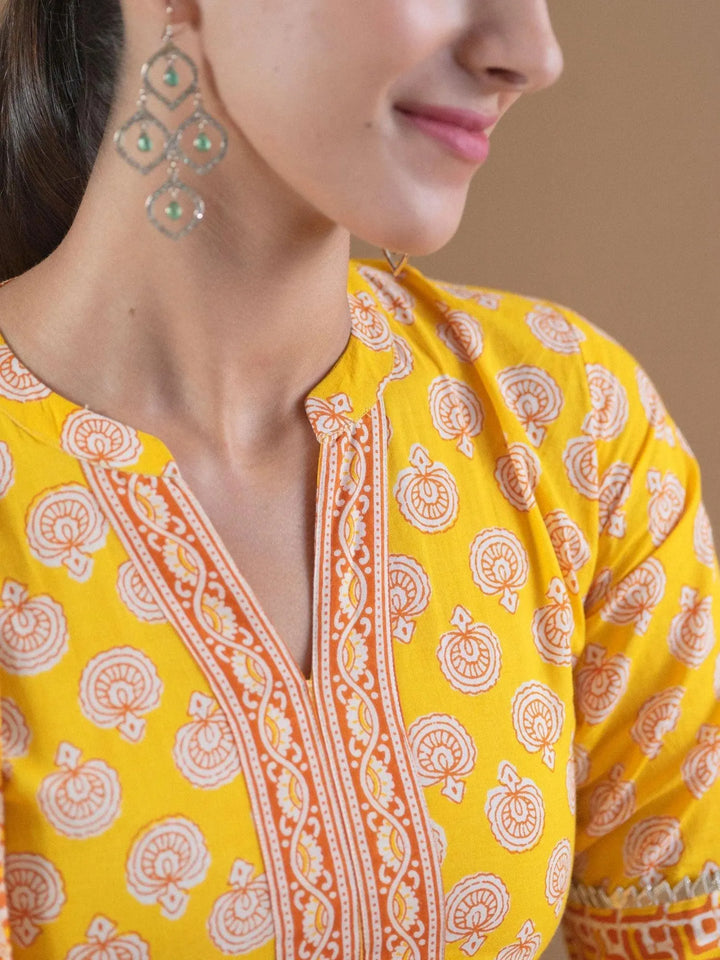 Yellow Printed Cotton Suit Set - Libas