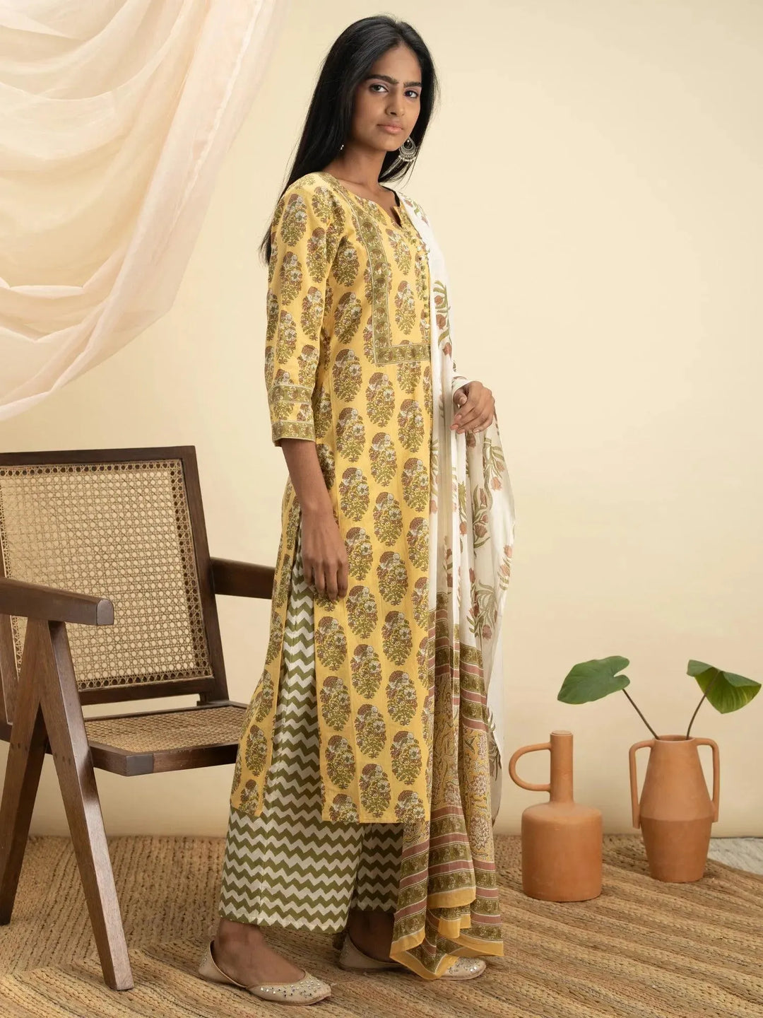 Yellow Printed Cotton Suit Set - Libas 
