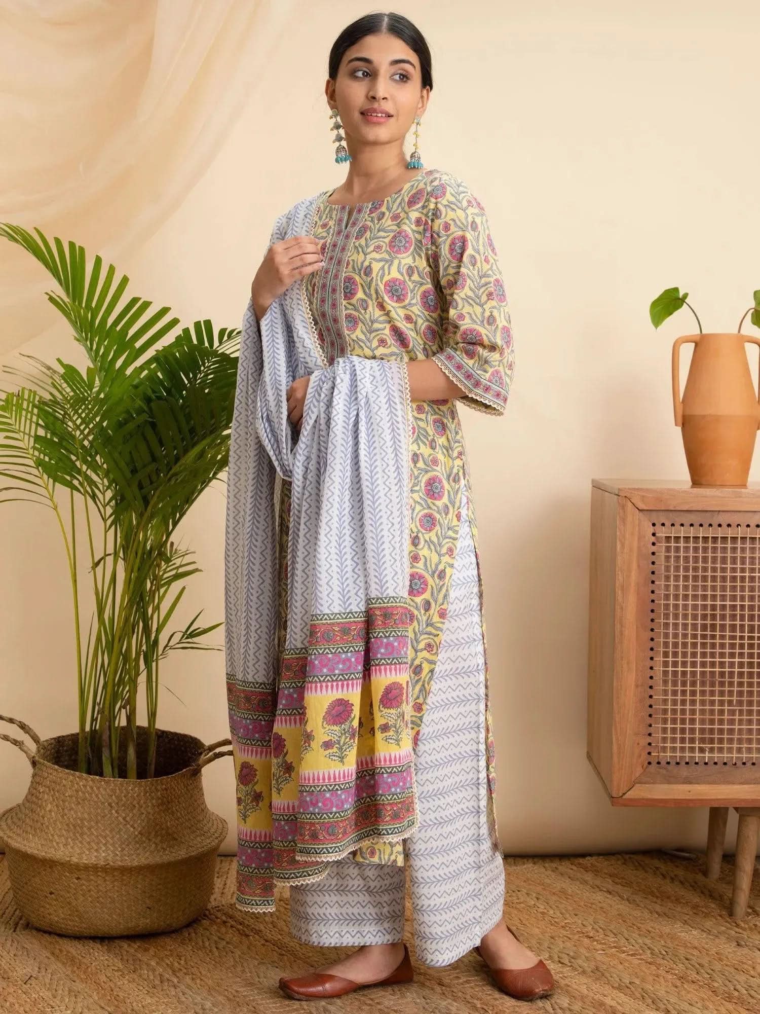 

Buy Yellow Printed Cotton Suit Set - 20115O- | Libas Ethnic Wear Online