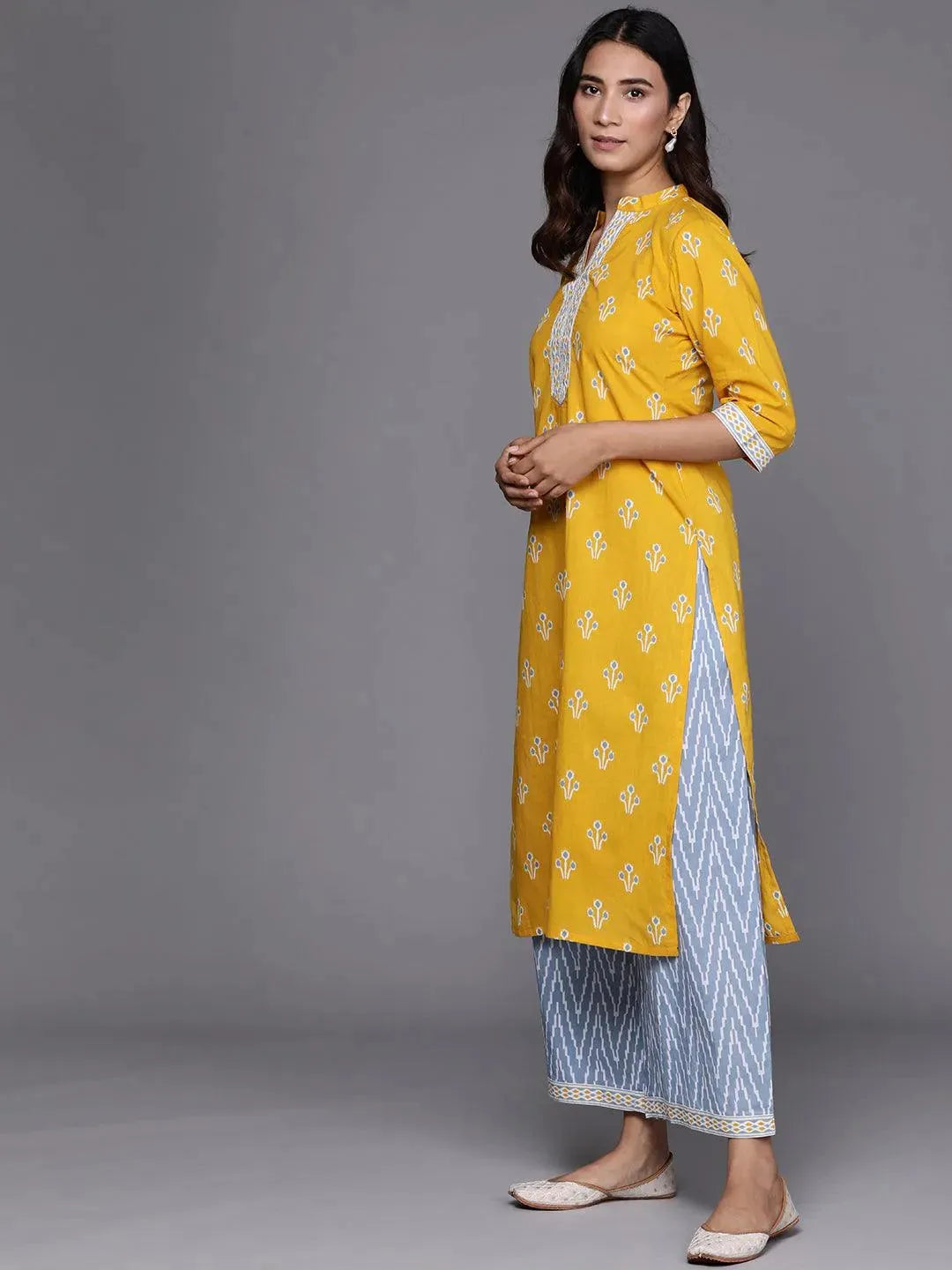 Yellow Printed Cotton Suit Set - Libas