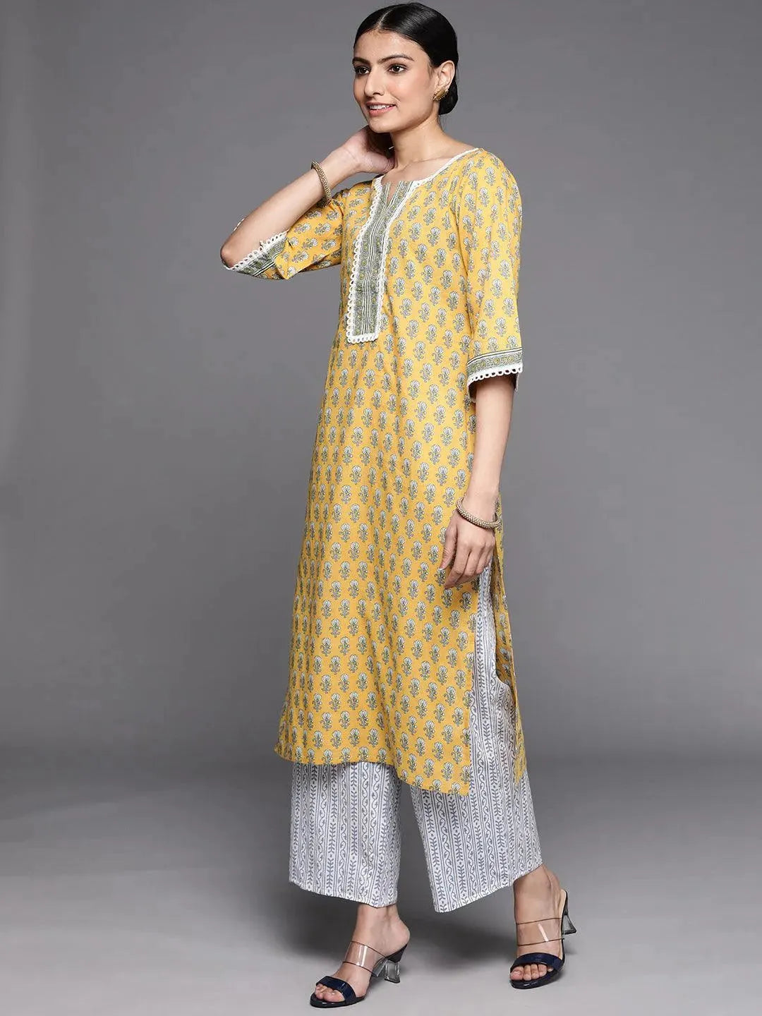 Yellow Printed Cotton Suit Set - Libas