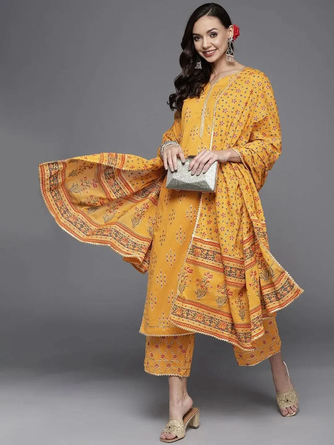 Yellow Printed Cotton Straight Suit Set - Libas 