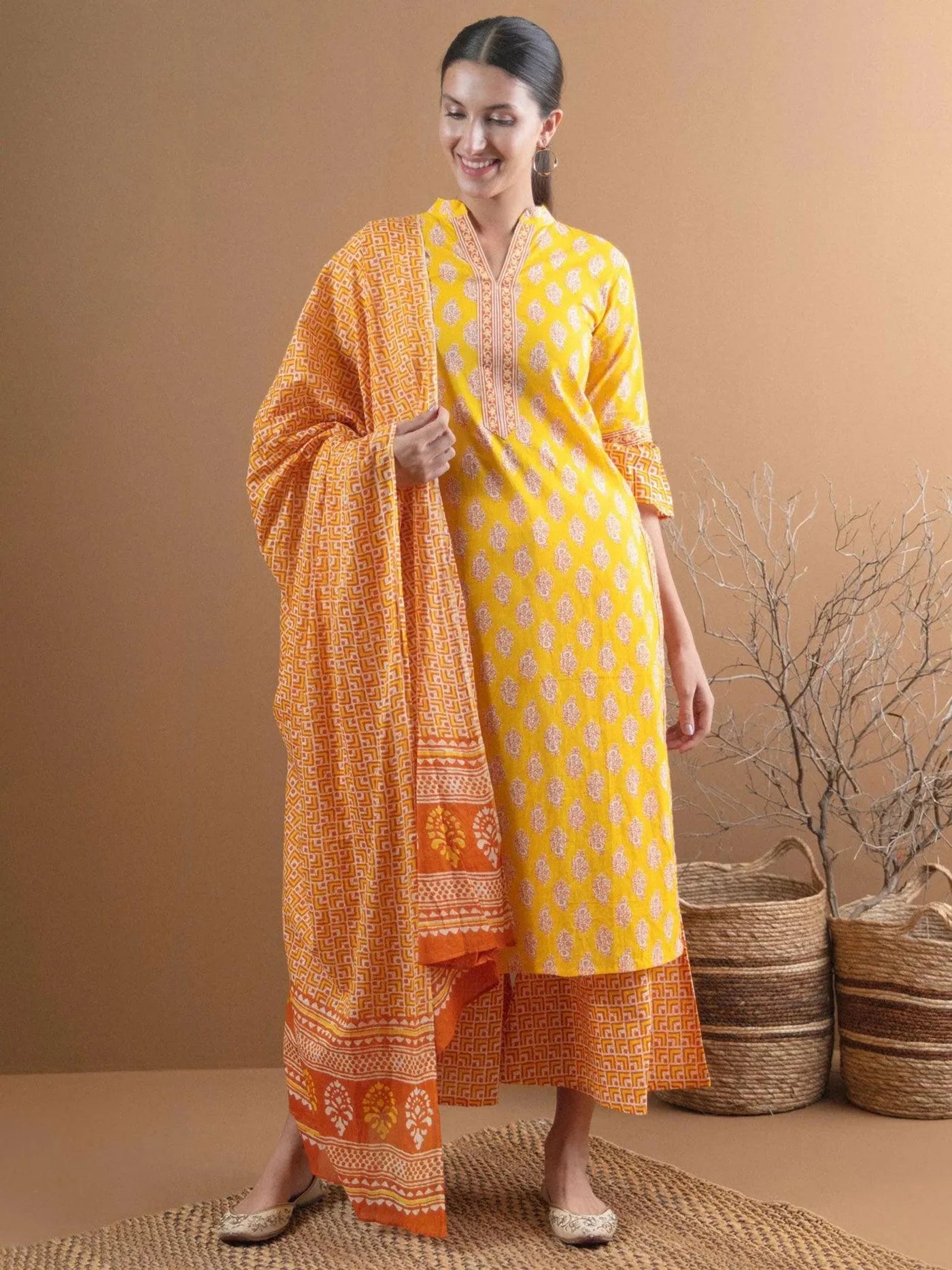 Yellow Printed Cotton Suit Set With Mask - Libas