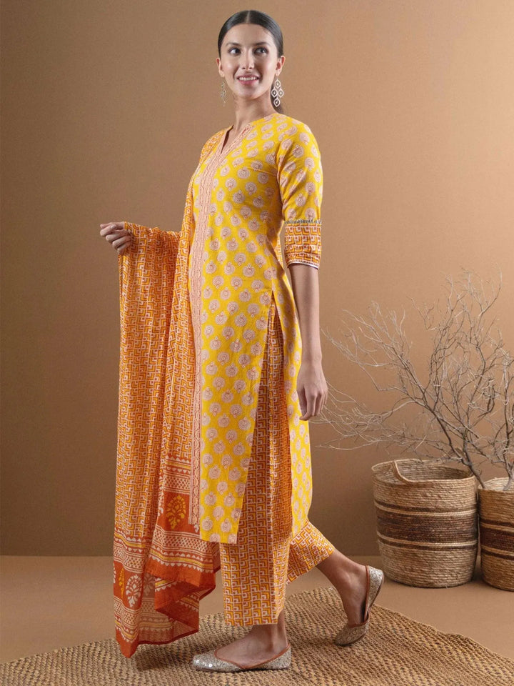 Yellow Printed Cotton Suit Set - Libas