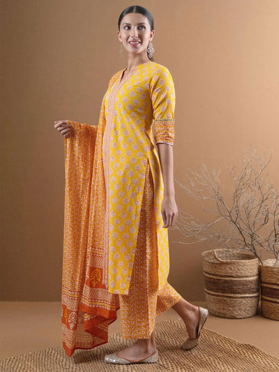 Yellow Printed Cotton Suit Set - Libas