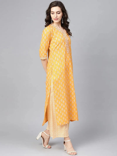 Yellow Printed Cotton Suit Set - Libas