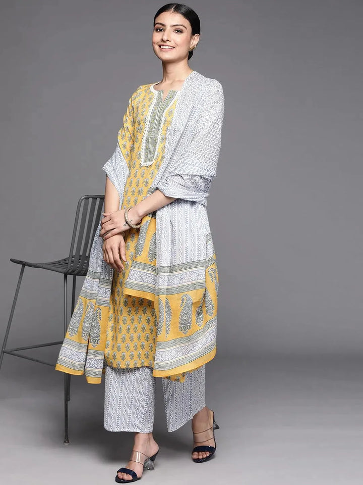 Yellow Printed Cotton Suit Set - Libas