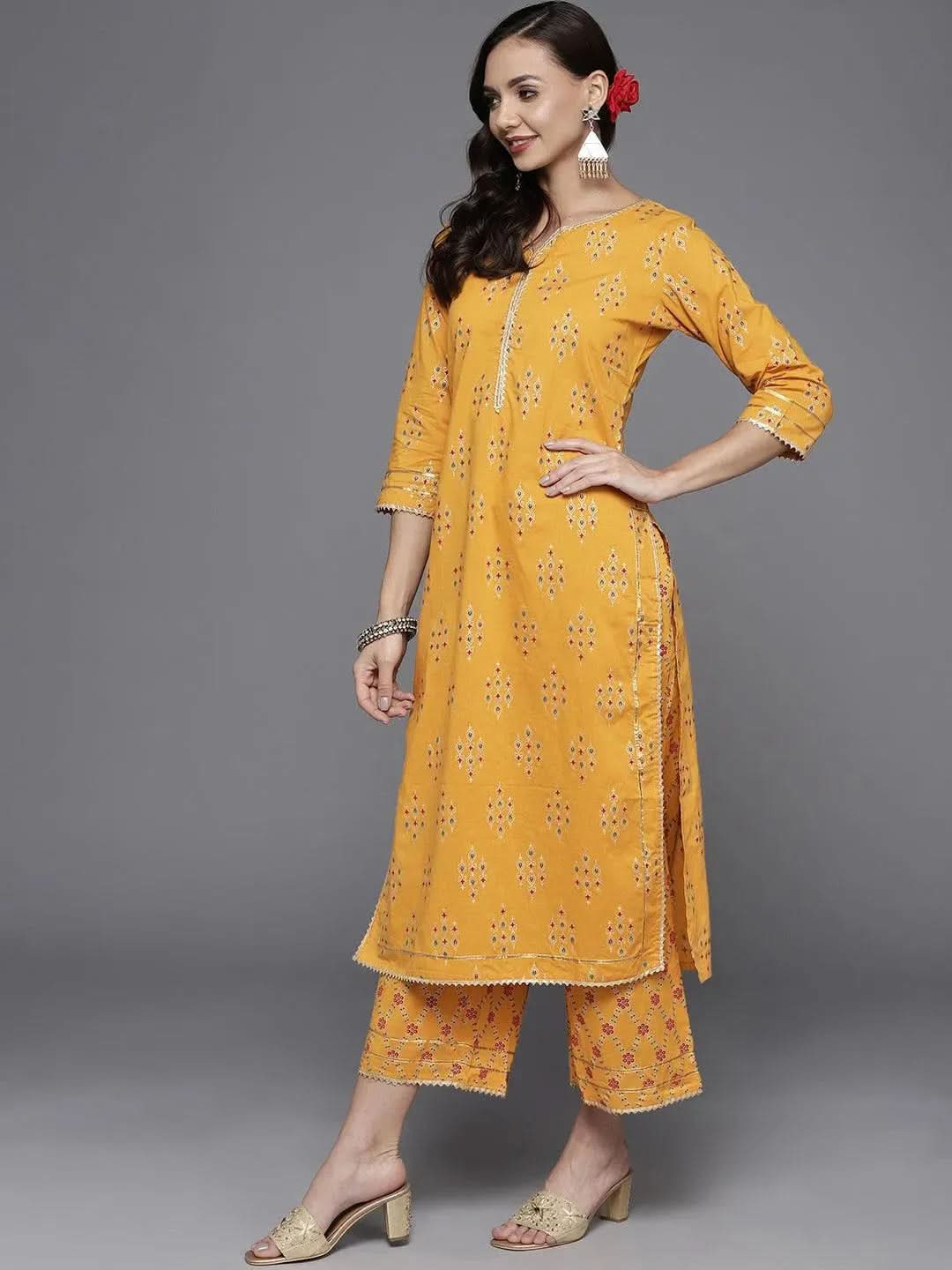 Yellow Printed Cotton Straight Suit Set - Libas 
