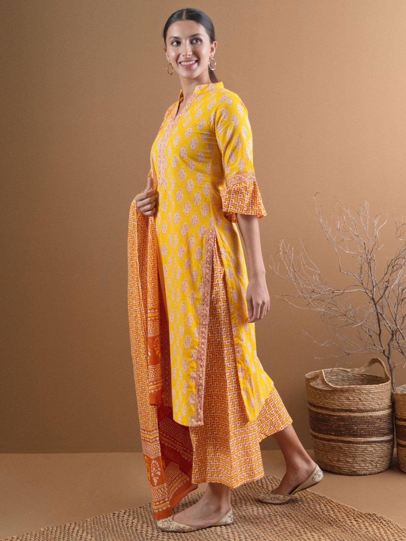 Yellow Printed Cotton Suit Set With Mask - Libas