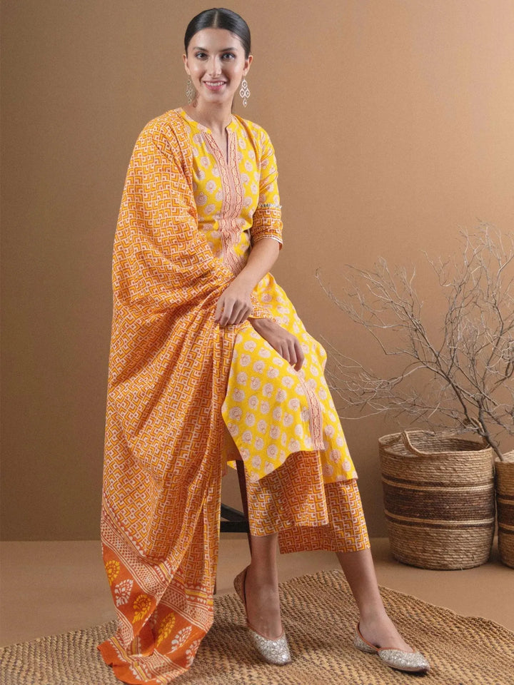 Yellow Printed Cotton Suit Set - Libas