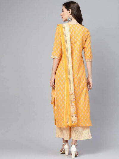 Yellow Printed Cotton Suit Set - Libas