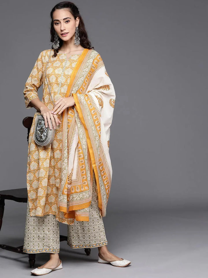 Yellow Printed Cotton Suit Set - Libas