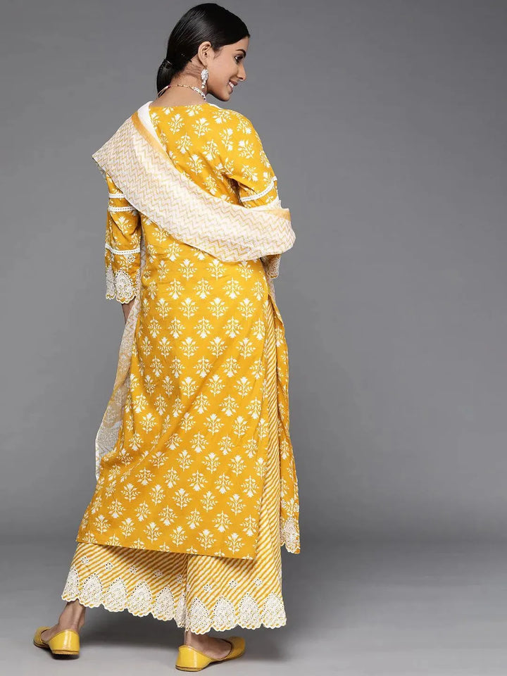 Yellow Printed Cotton Suit Set - Libas