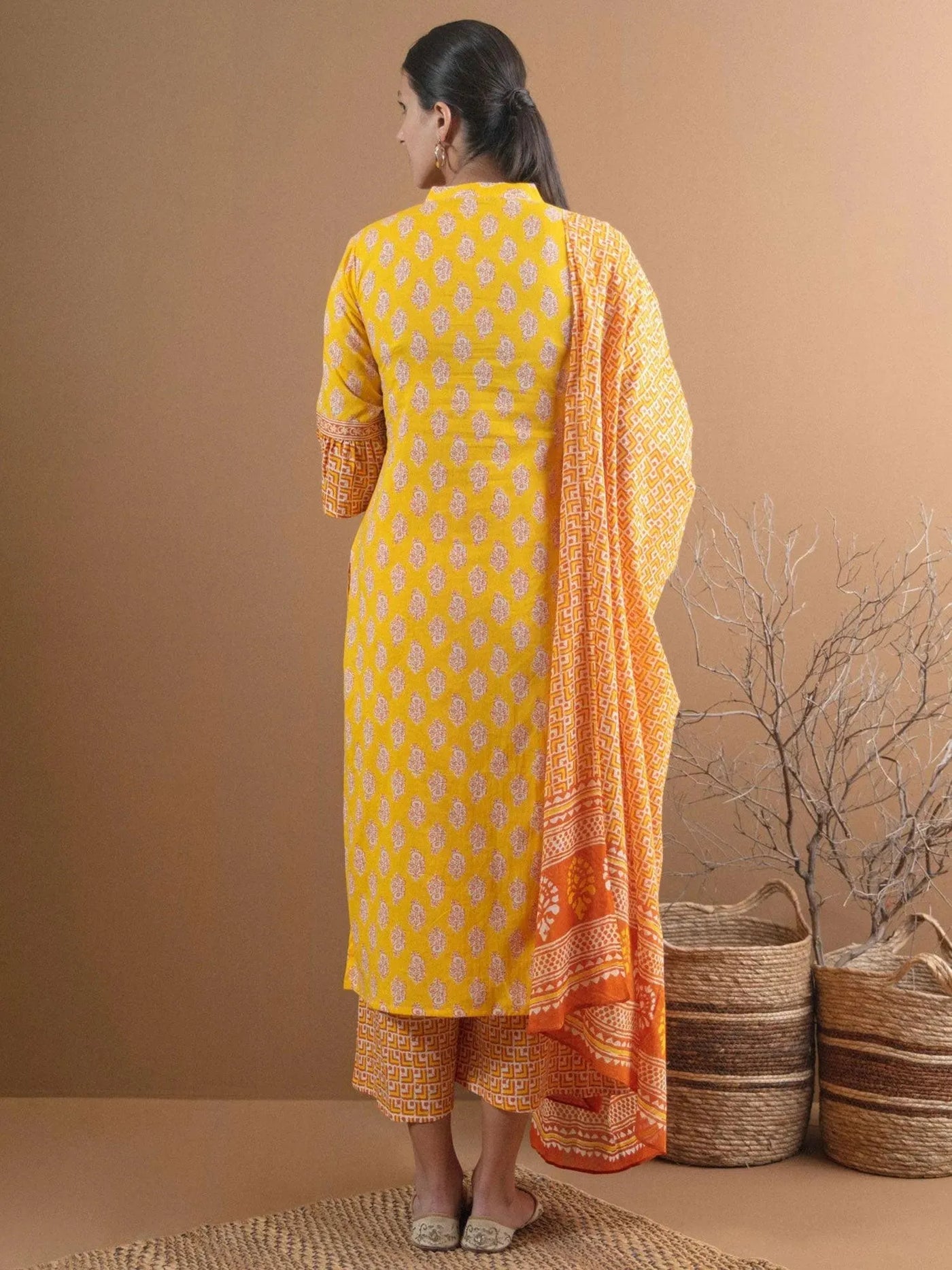 Yellow Printed Cotton Suit Set With Mask - Libas