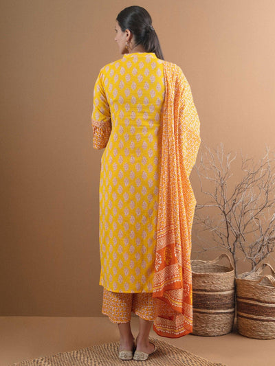 Yellow Printed Cotton Suit Set With Mask - Libas