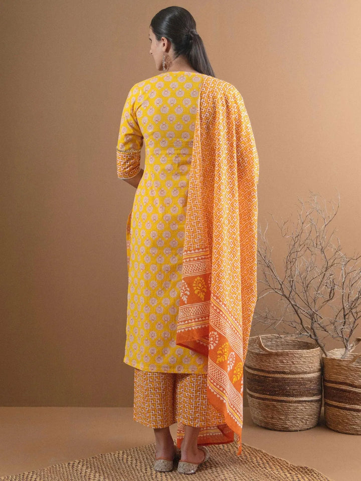 Yellow Printed Cotton Suit Set - Libas