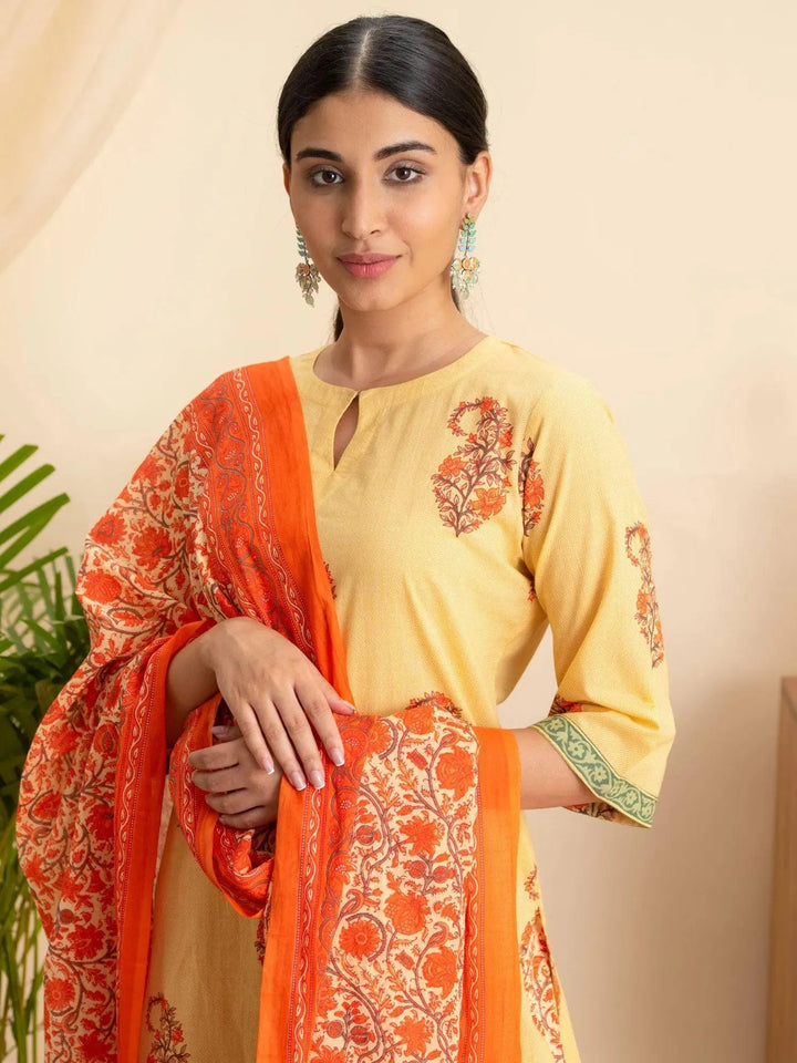 Yellow Printed Cotton Suit Set - Libas