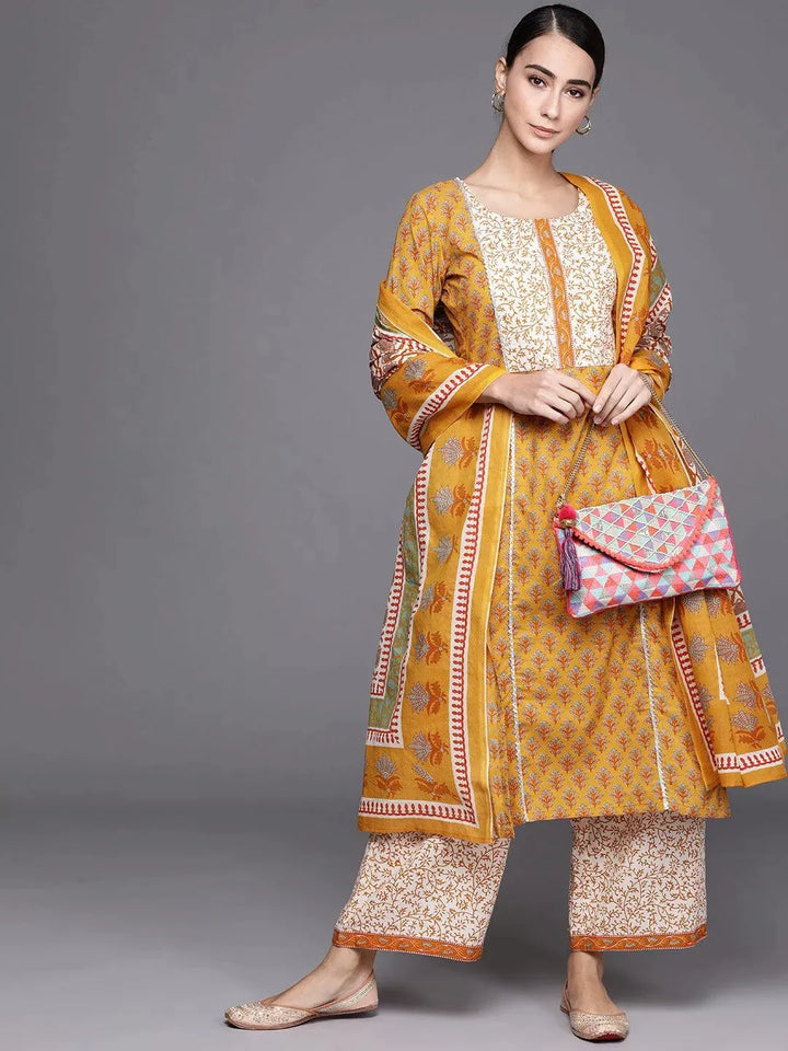 Yellow Printed Cotton Suit Set - Libas