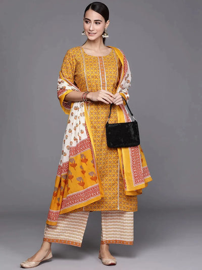 Yellow Printed Cotton Suit Set - Libas