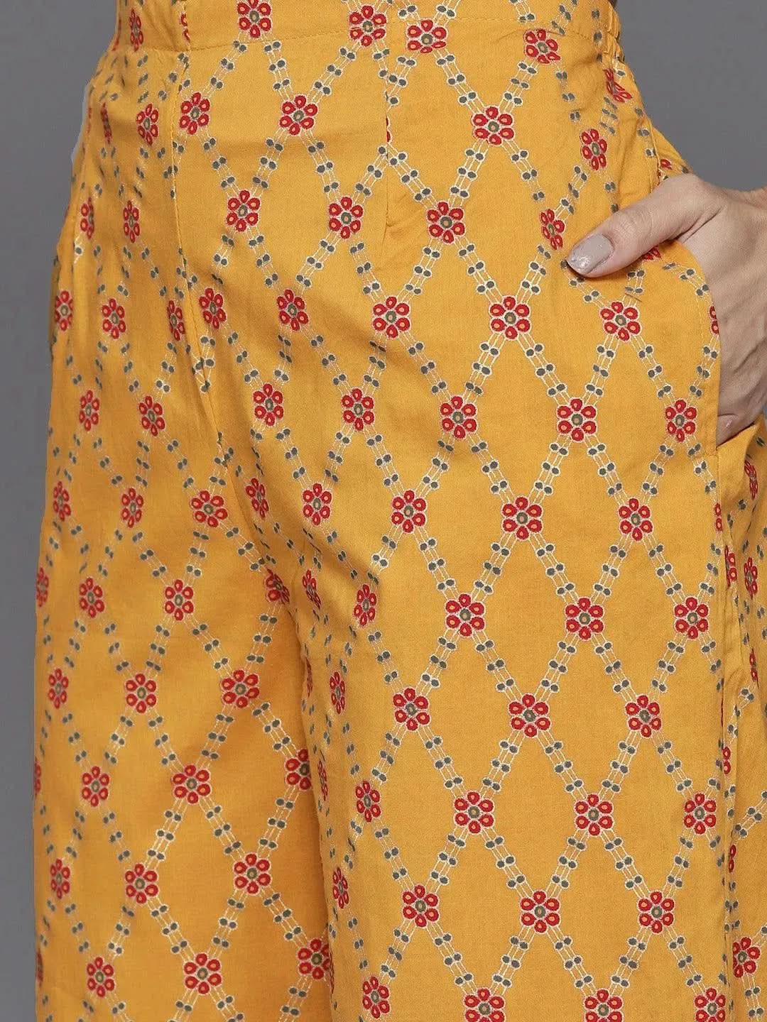 Yellow Printed Cotton Straight Suit Set - Libas 