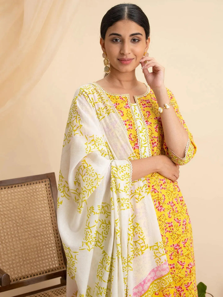 Yellow Printed Cotton Suit Set - Libas