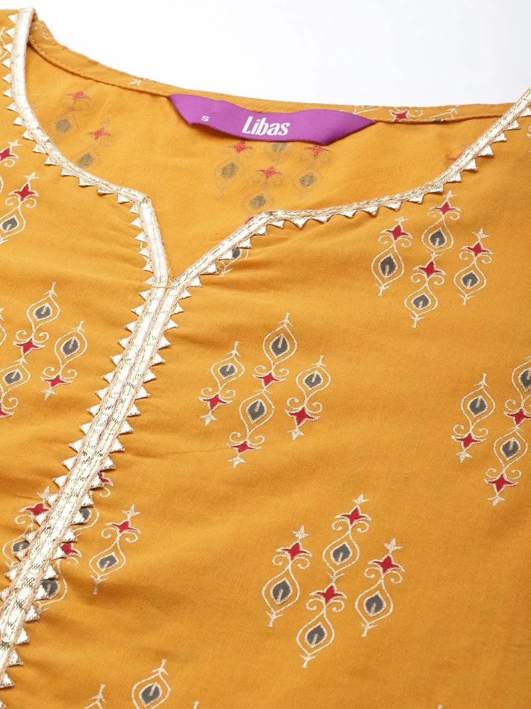 Yellow Printed Cotton Straight Suit Set - Libas 