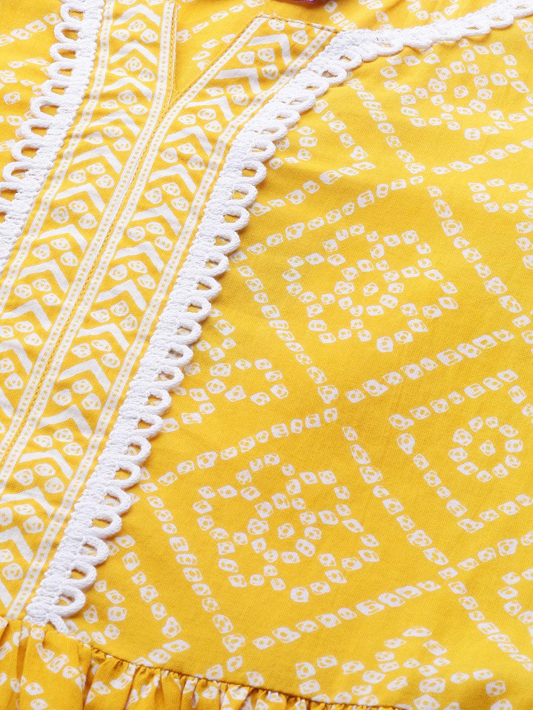 Yellow Printed Cotton Straight Kurta With Palazzos & Dupatta