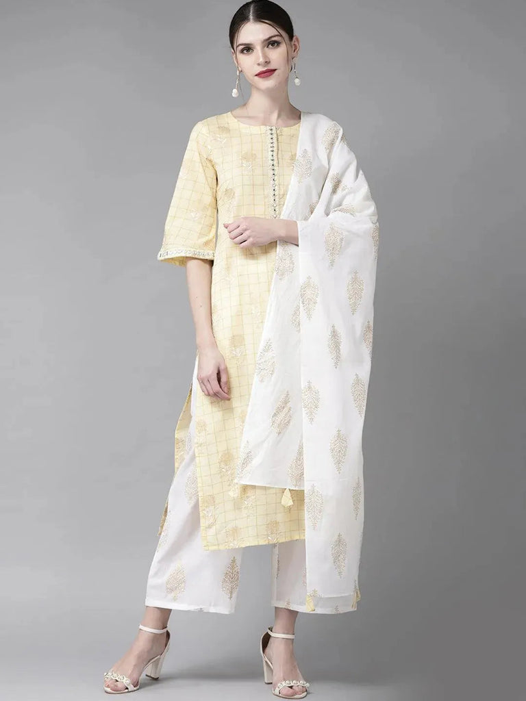 Libas Yellow Printed Cotton Straight Kurta With Palazzos & Stole
