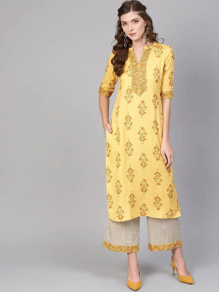 Yellow Printed Cotton Kurta Set - Libas