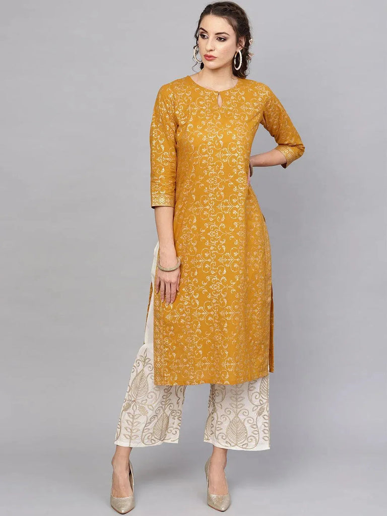 Libas Yellow Printed Cotton Straight Kurta With Palazzos