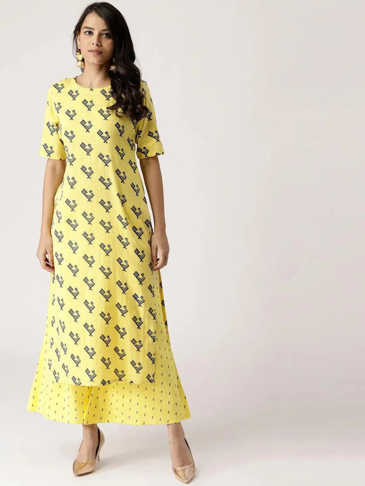 Yellow Printed Cotton Kurta Set - Libas