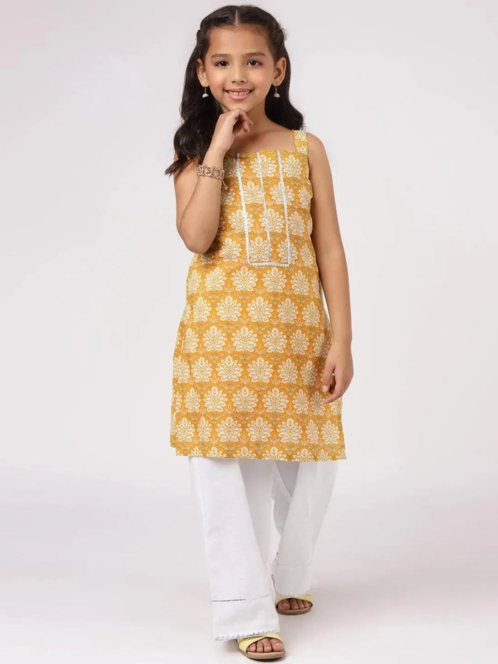 Yellow Printed Cotton Straight Kurta Set - Libas