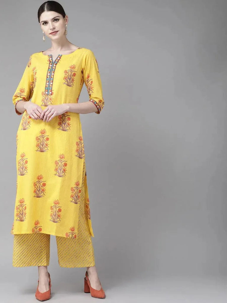 Libas Yellow Printed Cotton Straight Kurta With Palazzos