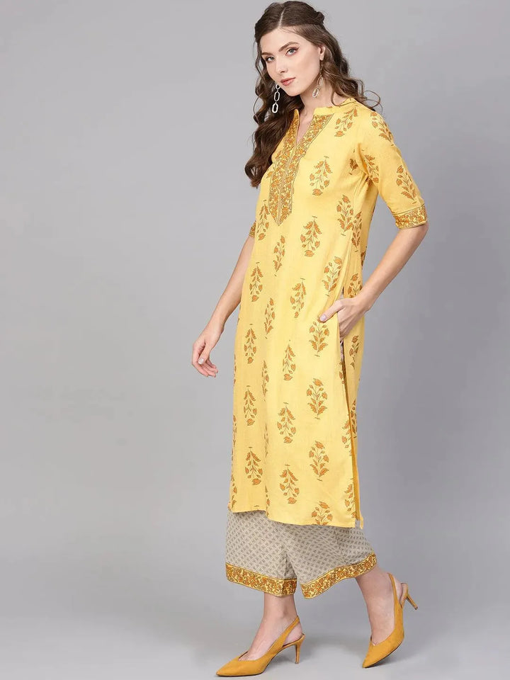 Yellow Printed Cotton Kurta Set - Libas