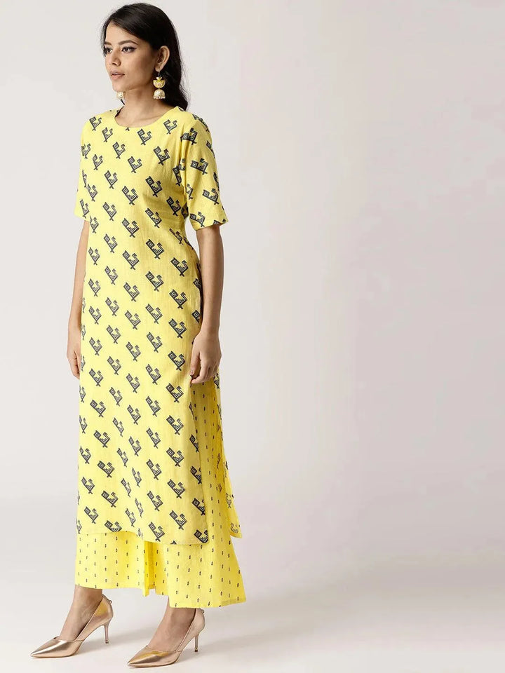 Yellow Printed Cotton Kurta Set - Libas