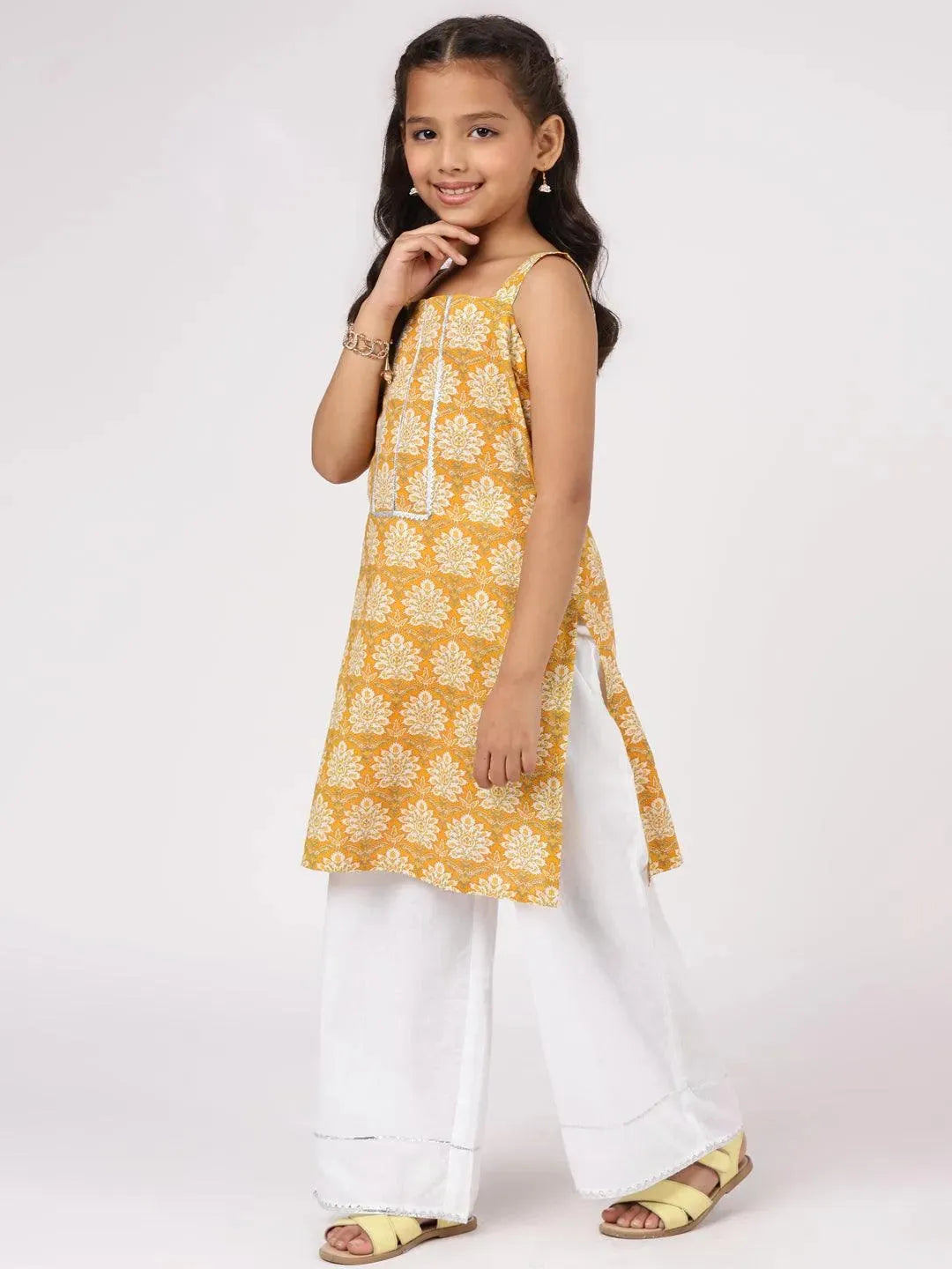 Yellow Printed Cotton Straight Kurta Set - Libas