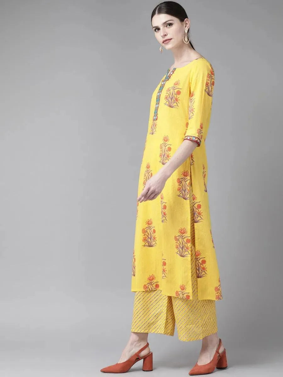 Yellow Printed Cotton Kurta Set - Libas