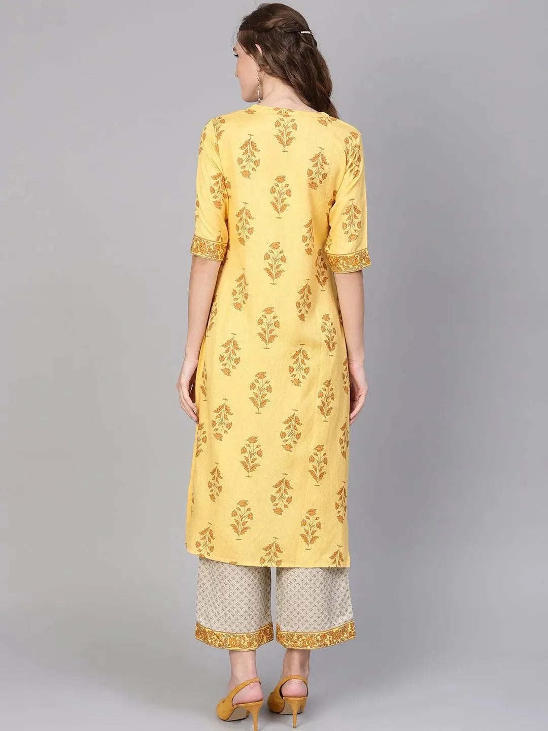 Yellow Printed Cotton Kurta Set - Libas