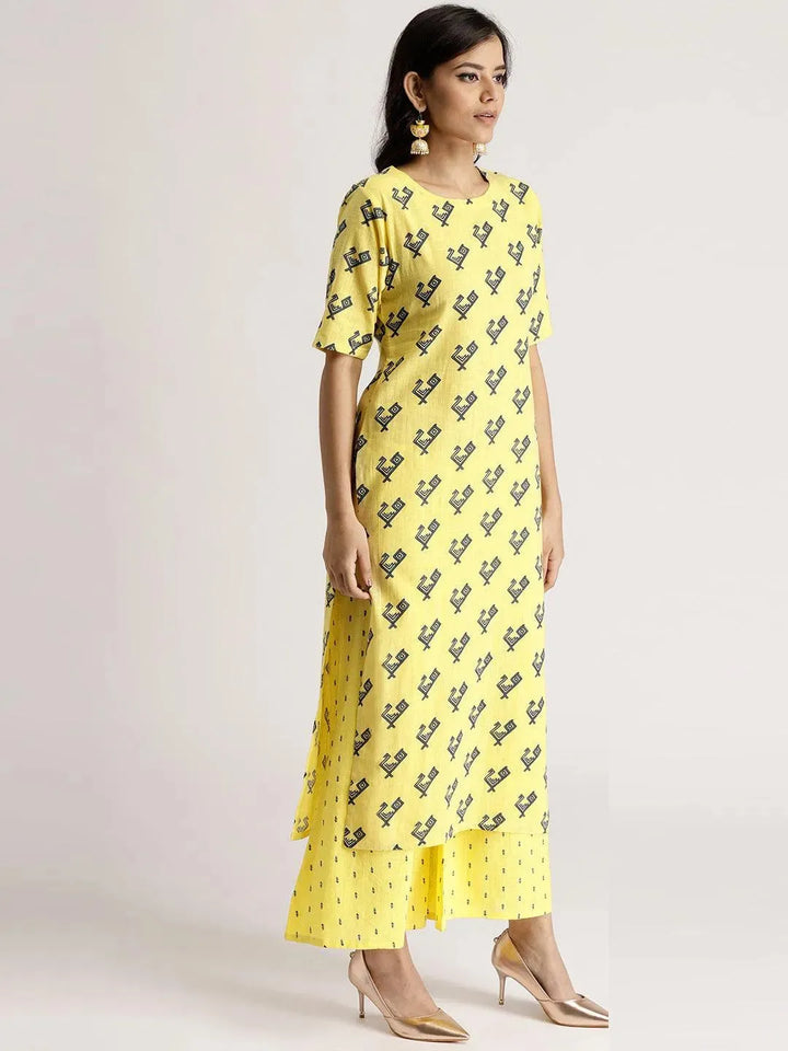 Yellow Printed Cotton Kurta Set - Libas