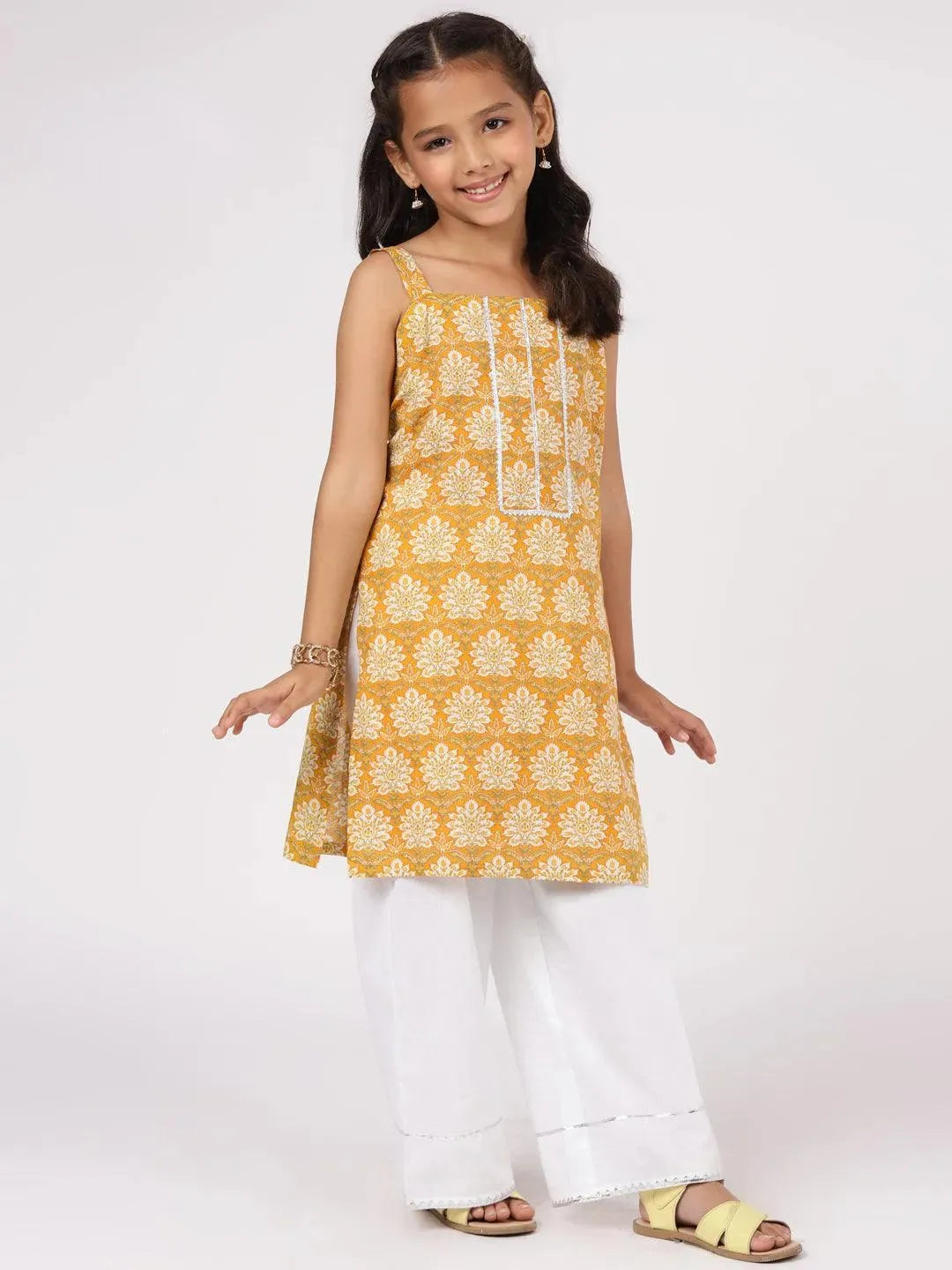 Yellow Printed Cotton Straight Kurta Set - Libas