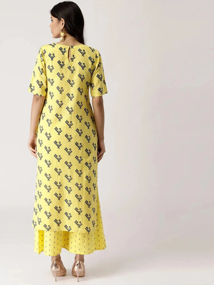 Yellow Printed Cotton Kurta Set - Libas