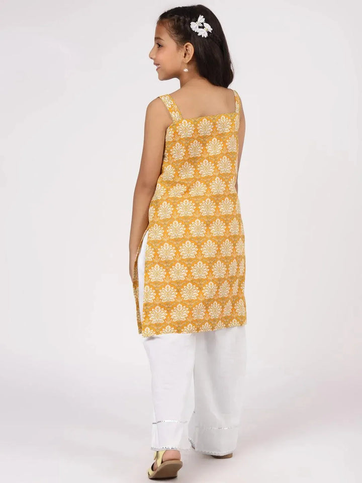 Yellow Printed Cotton Straight Kurta Set - Libas