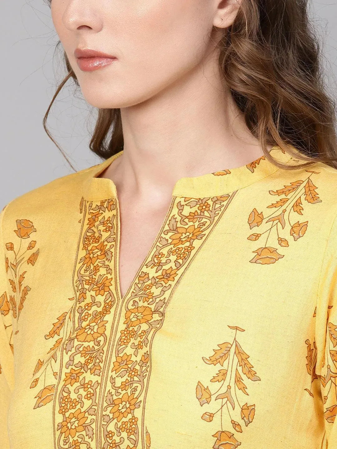 Yellow Printed Cotton Kurta Set - Libas