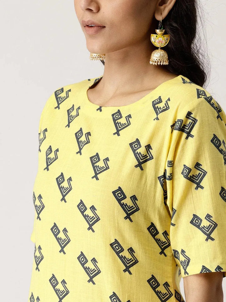 Yellow Printed Cotton Kurta Set - Libas