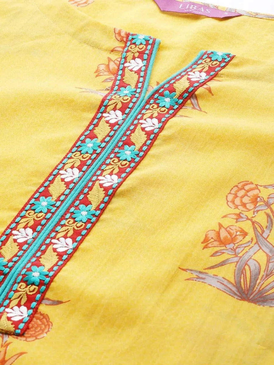 Yellow Printed Cotton Kurta Set - Libas 