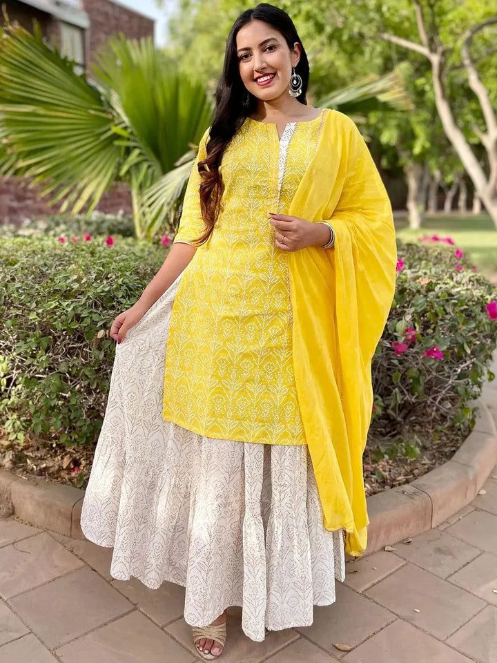 Yellow Printed Cotton Suit Set - Libas