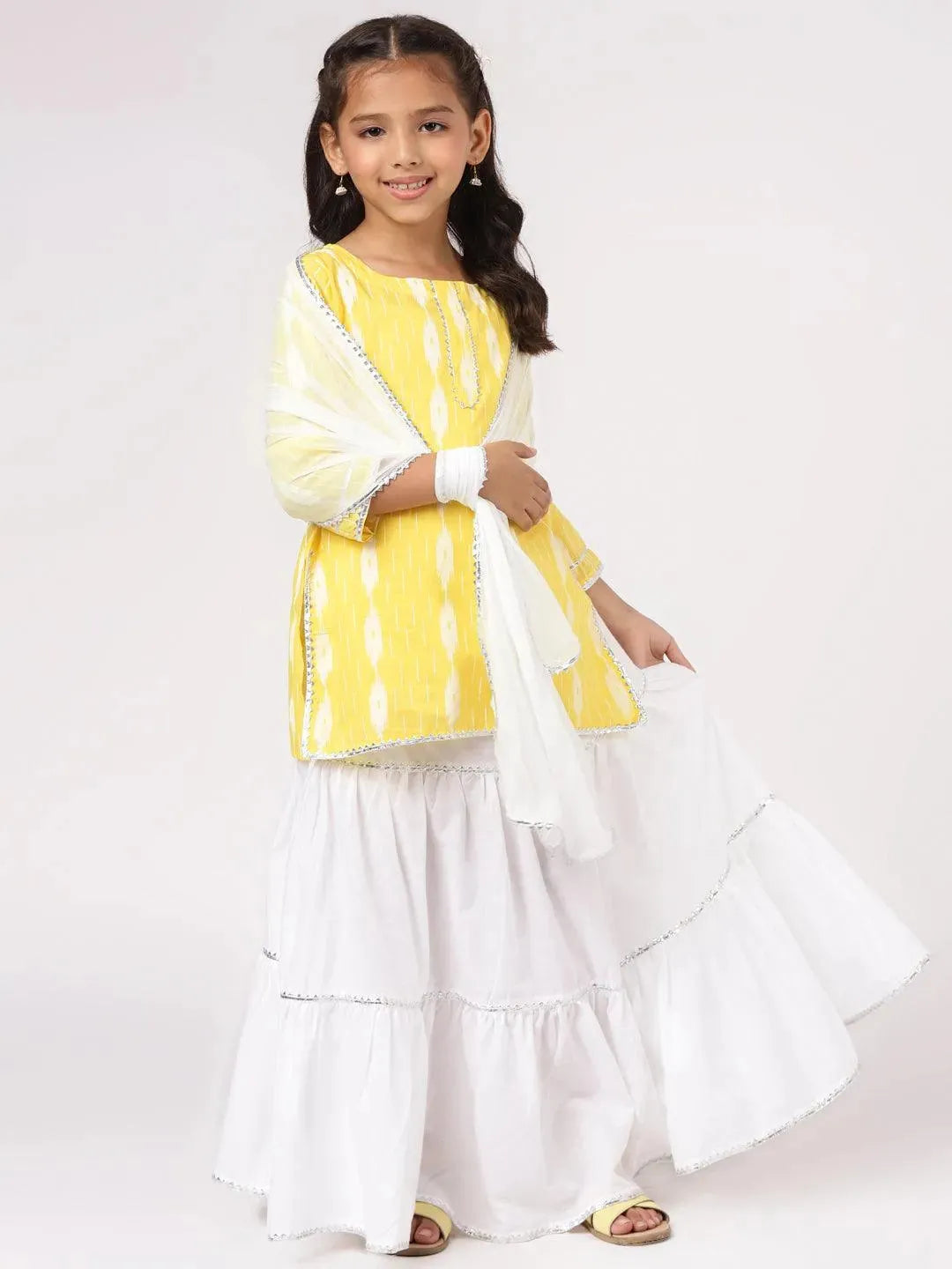 Yellow Printed Cotton Straight Kurta With Skirt & Dupatta