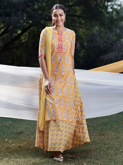 Yellow Printed Cotton Straight Suit Set - Libas