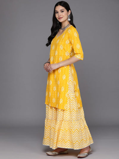 Yellow Printed Cotton Straight Suit Set With Skirt - Libas